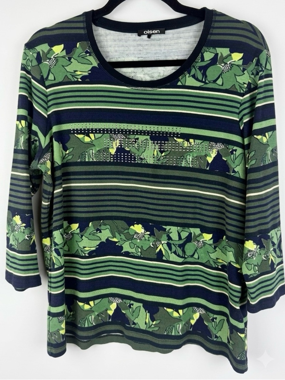 Olsen EDDA Shaped Fit Striped Floral Embellished Ribbed Top Size US L/14